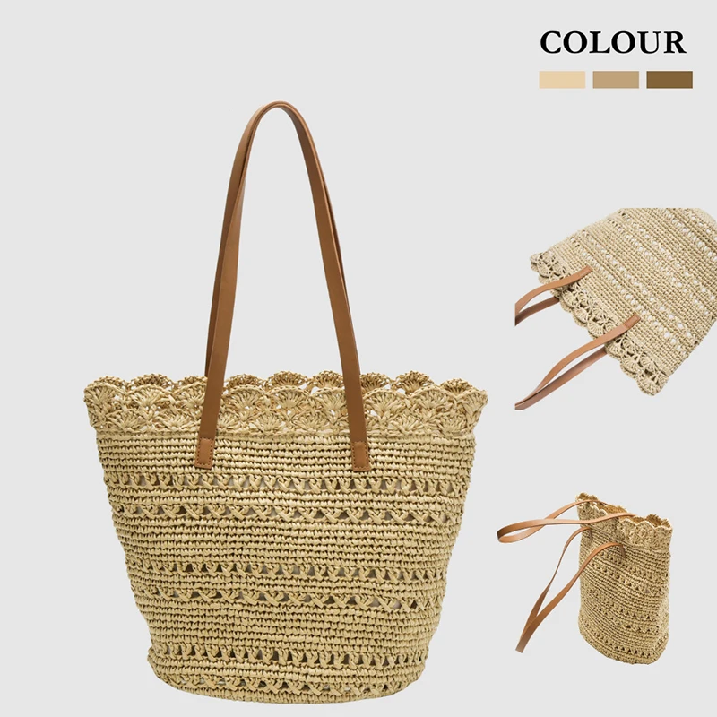 

Wavy Lace Trim Raffia Woven Shoulder Bag,Women Hollow Out Weave Straw Handbag,Summer Travel Versatile Casual Everyday Tote Bag