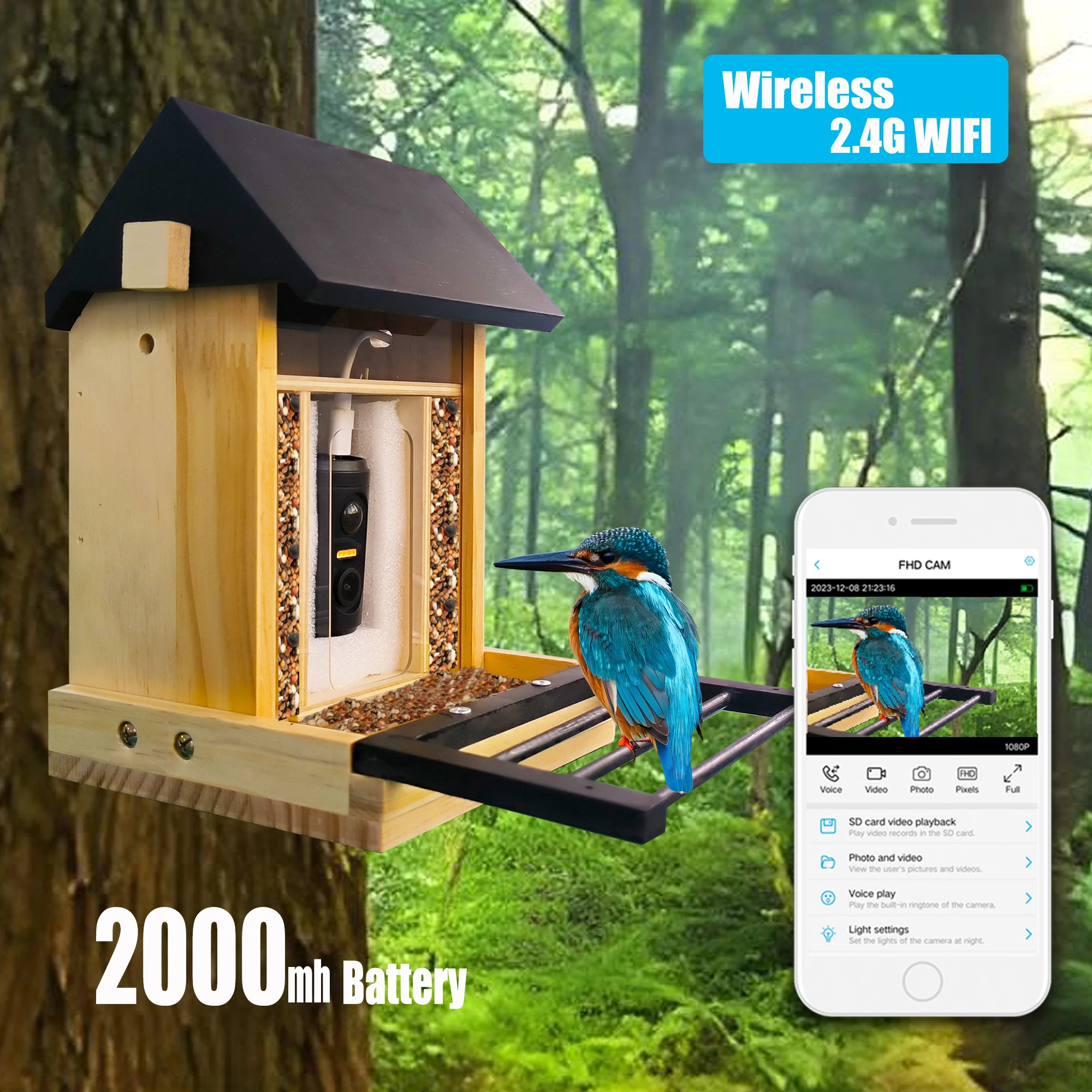 

1080P Bird Feeder with HD Camera Built-in Battery Solar Low Power Night Vision Outdoor IP66 Waterproof 2.4GWIFI Connected Feeder