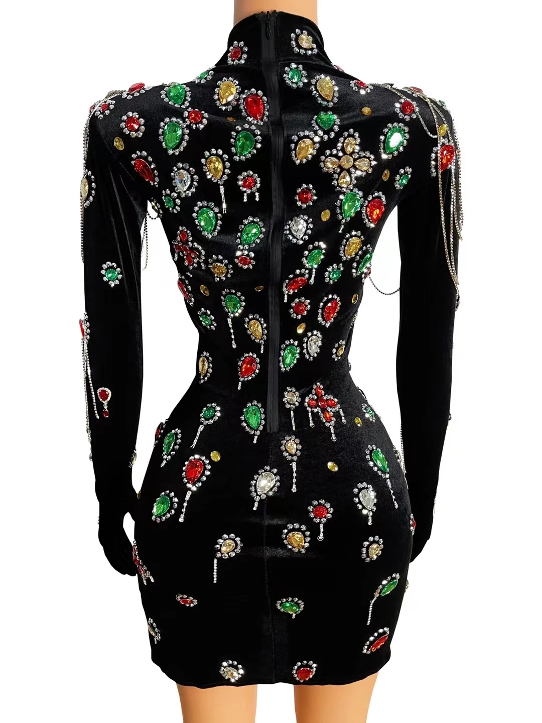 Multi-color Crystal Rhinestones Chain VelvetShort Dress Evening Party Birthday Dress SexyPerformance Show Costume Stage WearA070