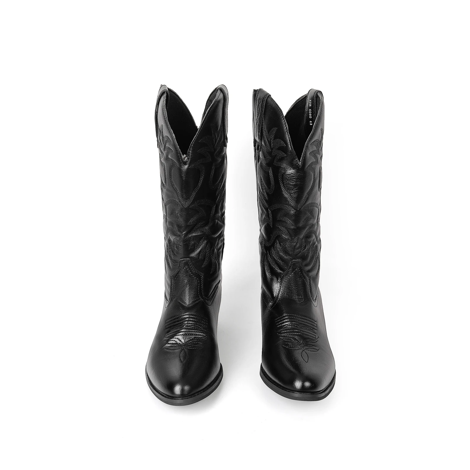 Męskie haftowane skórzane kozaki do kolan na obcasie Retro Europejskie Amerykańskie Kowbojskie Botki ze skóry PU Casualowe Buty Botas De Hombre