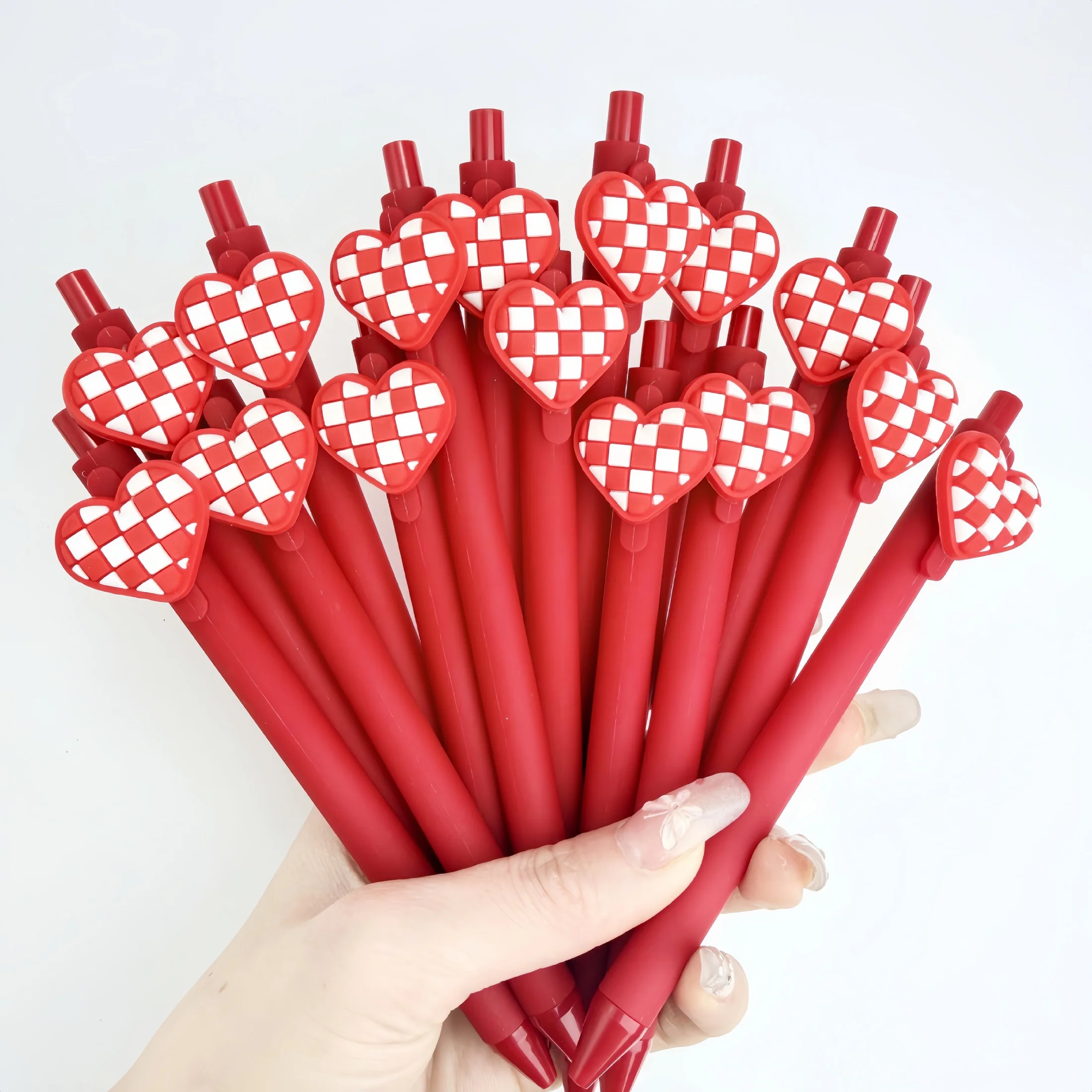 Heart-Shaped Plaid Valentine's Day Style Press Pen, Cartoon Press Gel Pen, Campus Design, Heart Stationery Pen