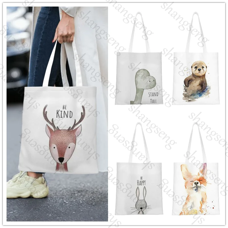 

Cute Watercolor Animal Tote Bag, Fashionable Shoulder Bag, Daily Lightweight Shopping Bag Canvas Fabric Handbag Folding Bag