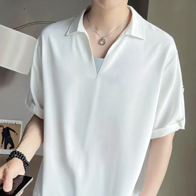 Summer men's ice silk drape fake two piece V-neck versatile trendy casual loose half sleeved color blocked plus size T-shirt set