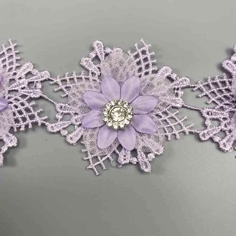 10Pcs Purple Flowers Pearl Beaded Ribbon Embroidered Lace Trim Applique Fabric Handmade Wedding Dress DIY Sewing Supplies Crafts