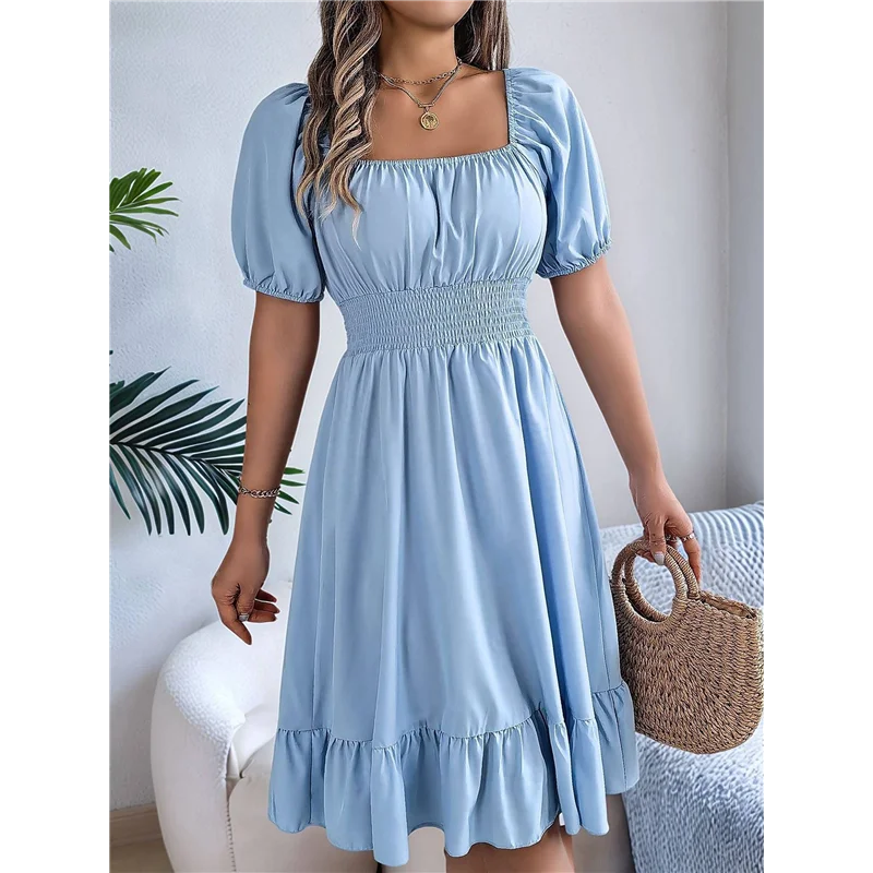 【SEE】Women's Boho Summer Square Neck Puff Sleeve Off Shoulder Smocked Tiered Casual A Line Short Mini Dress