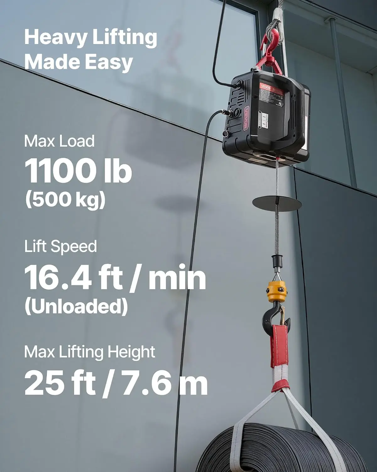 2-in-1 Electric Hoist Winch, 1100 lbs Capacity, 1500W Portable Power Winch Crane, 25 ft Lifting Height, 16.4 ft/min with Manual