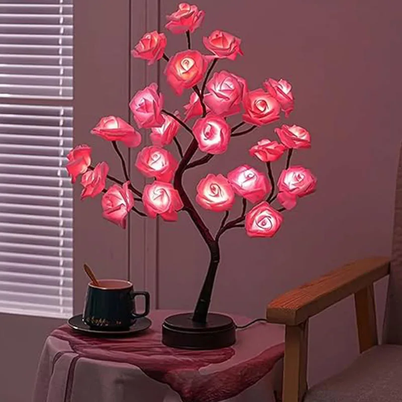 Table Lamp 24 Heads LED Rose Flower Tree Usb Battery Fairy Night Lights Table Lights For Christmas Wedding Bedroom Decor