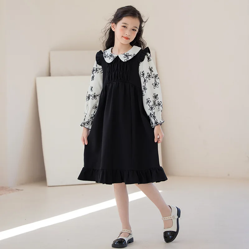 korean-summer-school-girl-one-piece-dress-elementary-girl-figure-long-sleeve-patchwork-dress-junior-girl-doll-collar-prom-dress