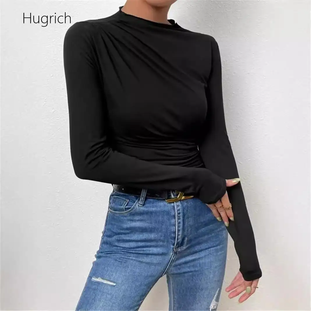 Women's Long Sleeve Ruched Side Slim Fit T-Shirt Solid Color High Neck Basic Top Autumn Winter Casual Stretchy Inner Wear