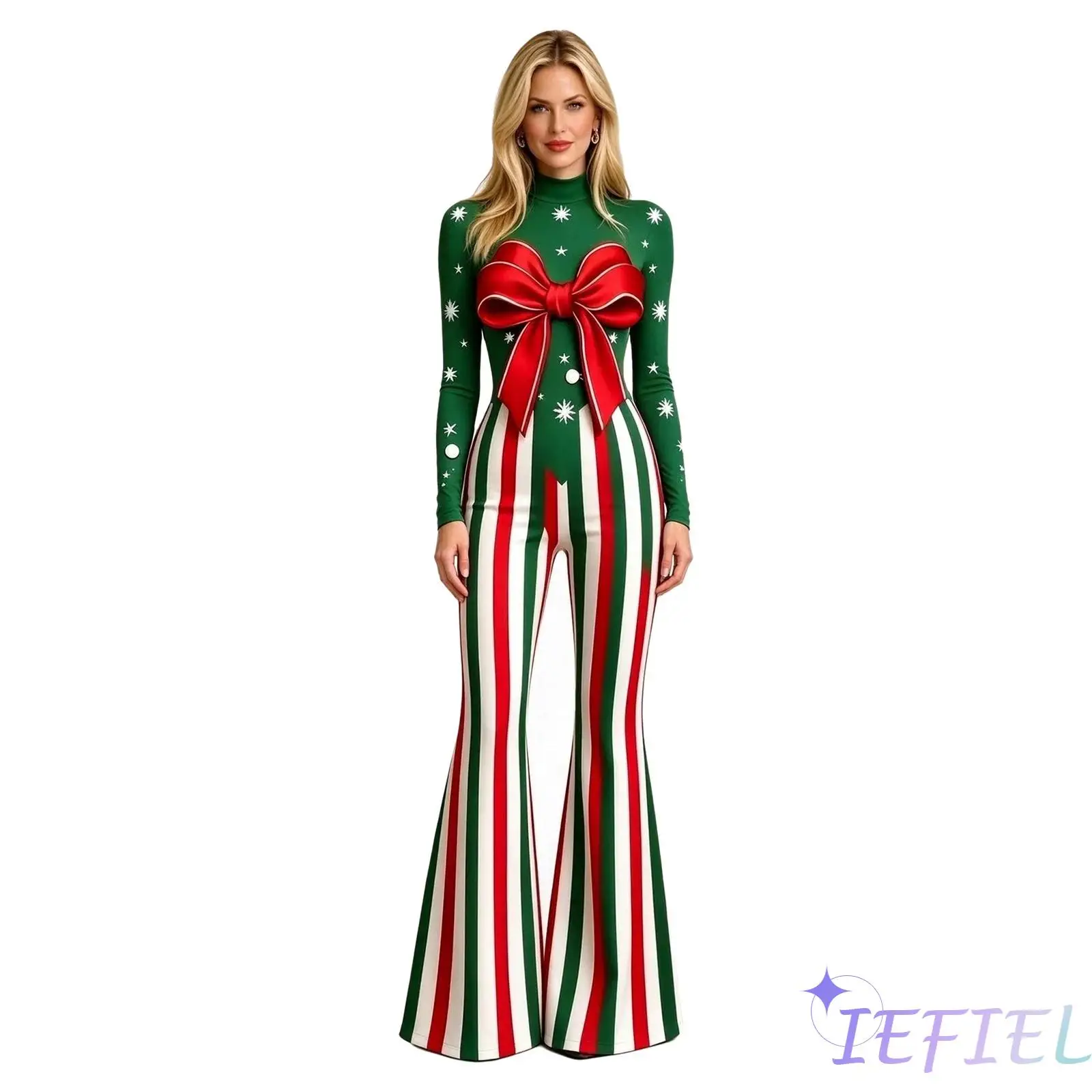 Women Christmas Stripe Jumpsuit Mock Neck Long Sleeve Bell Bottom Bodysuit for Xmas Themed Cosplay Carnival Festival Party