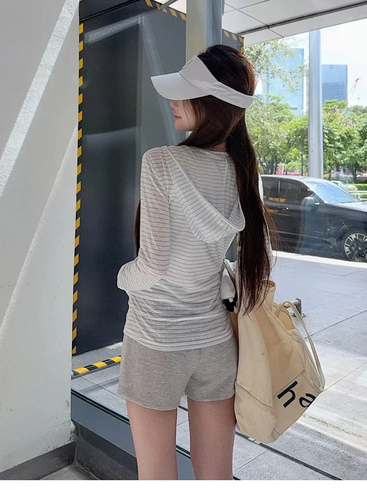 HOUZHOU Blue Striped Women Zipper Hoodies Long Sleeve Korean Fashion Pocket Hooded Sweatshirts Slim Lightweight Commute Autumn