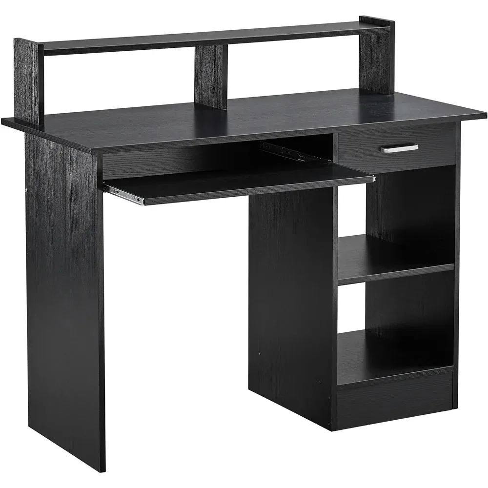 Wooden Home Office Computer Desk with Drawers and Keyboard Tray, Black