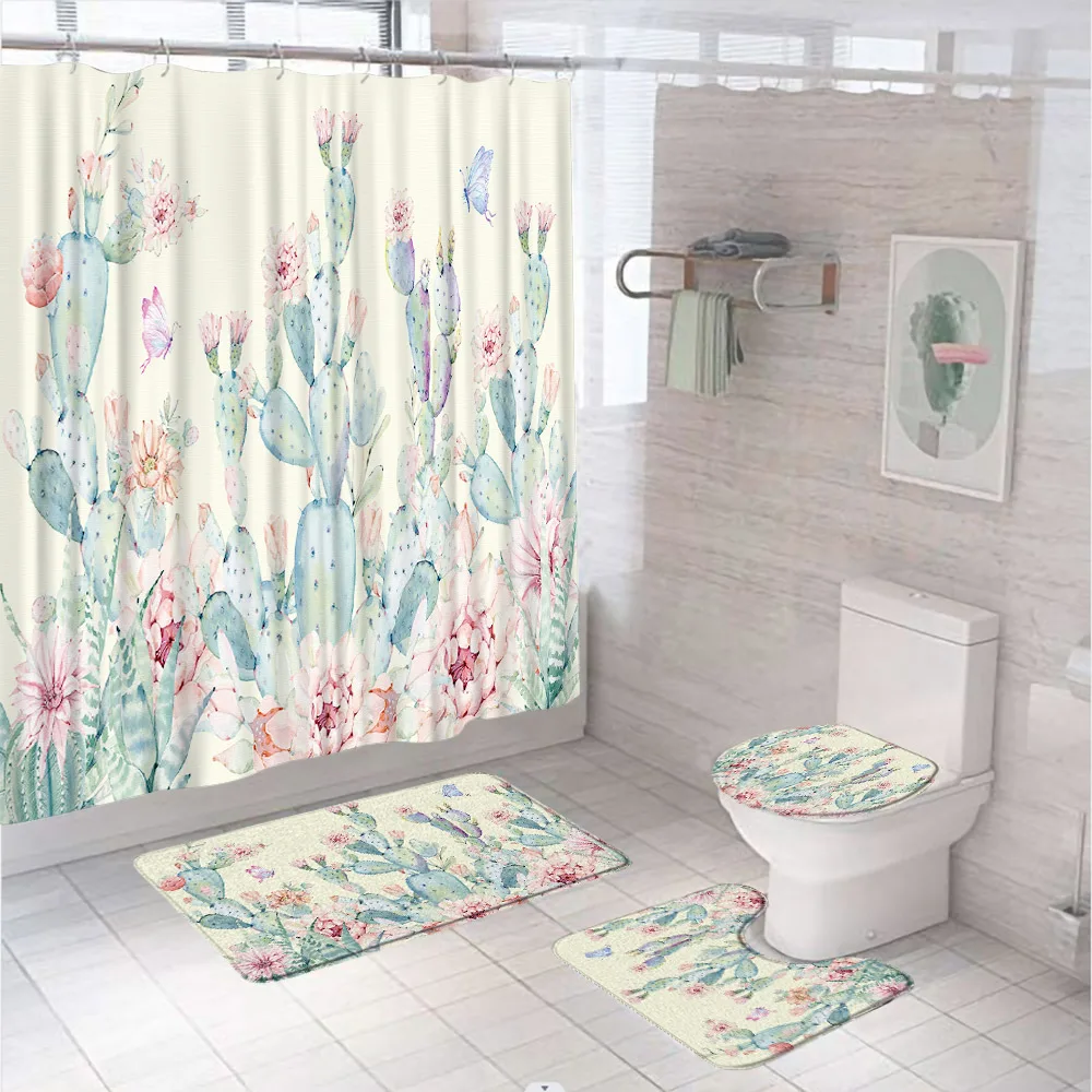 

Watercolor Cactus Flower Shower Curtain Sets Tropical Plant Cacti Floral Butterfly Bathroom Curtains Rug Toilet Cover Bath Mats