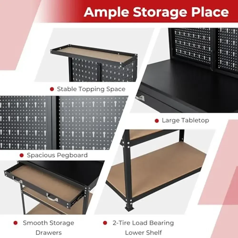 Werkstationorganizer Zware stalen framewerkbank met laden en ophangsets 2 opbergplanken Bankorganizer met lange lade