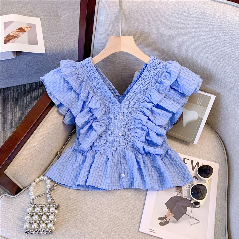 Summer V-Neck Shirts Tops Women Ruffle Pleated Slim Sexy Fashion Bodycon Ladies Cropped Blouses Korean Style Woman Shirts