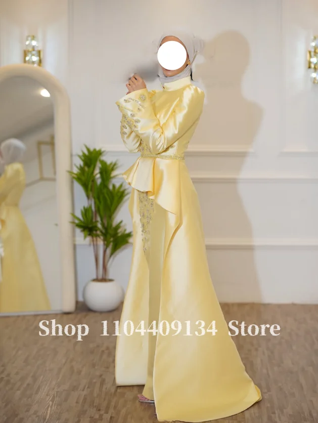 Yellow Satin Malay Wedding Gown High Neck Long Sleeve Sparkle Crystal Embroidery Peplum Flared Train Bridal Dress Customized