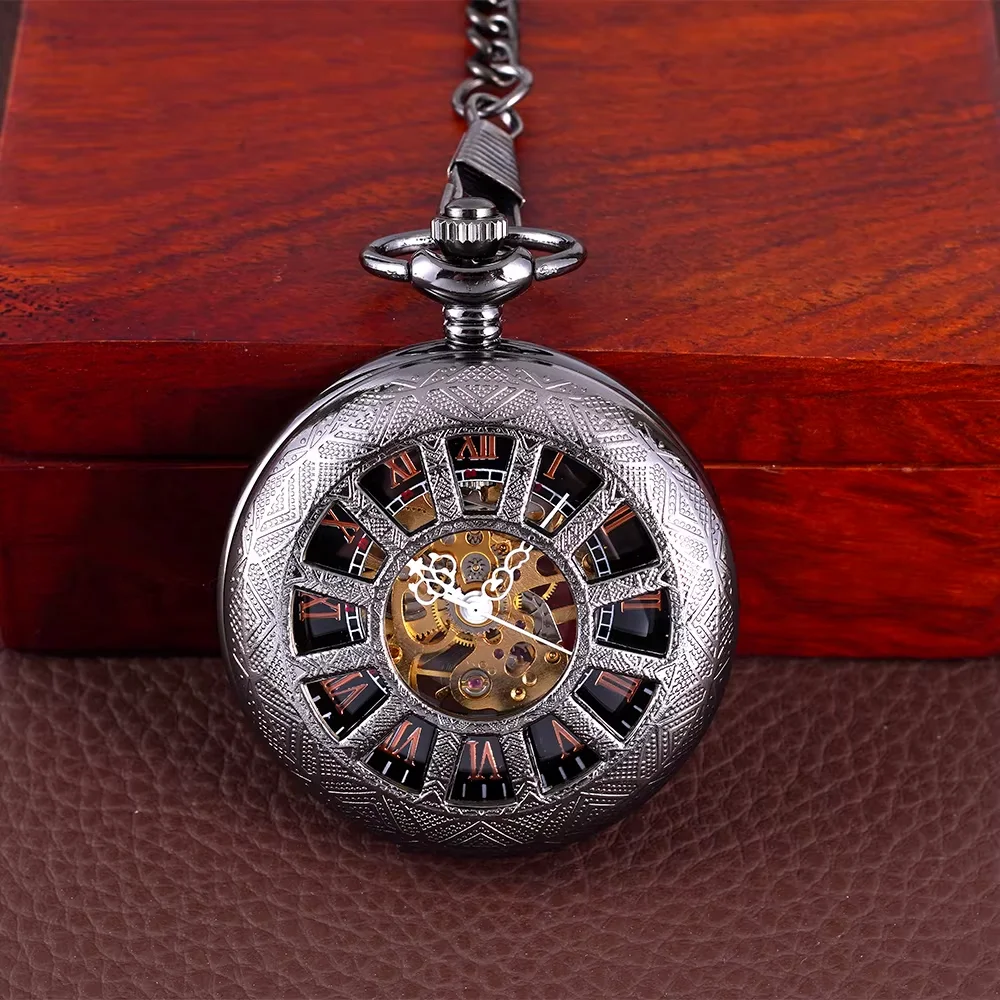 Hanging watch large chain hollowed-out wheel black black face white needle Roman digital mechanical watch