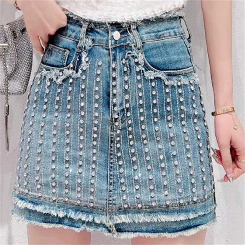 Denim skirt women summer new drill high waist A line skirt short jeans