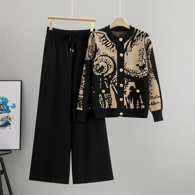 크로스 보더 가을 겨울 신작 프린트 싱글 브레스트 스웨터 + 와이드 팬츠 니트 투피스 세트