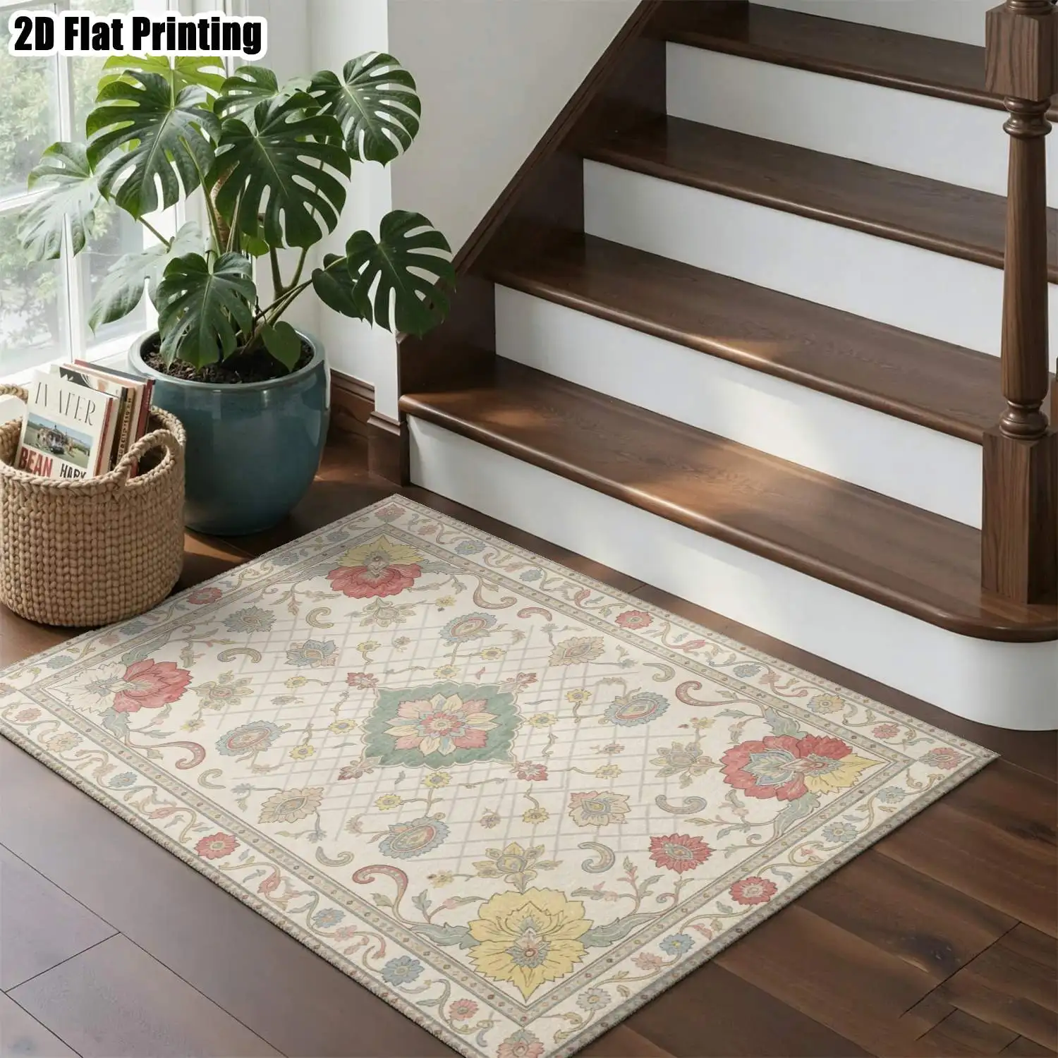 1Pc 2D Printed Floral Carpet, Beige Background, European Retro Style, Machine Washable, Multi-Size Home Decor Mat for Entryway, Living Room, Bedroom, Dining Room