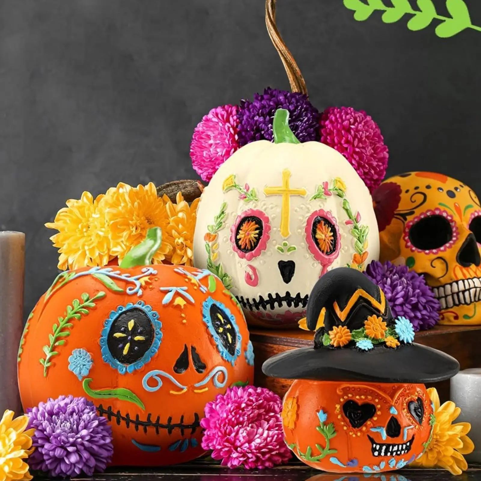 Pumpkin Decorations Outdoor 4 Pieces Spook Tabletop Resin Pumpkin Figurine Day Of The Dead Horror Halloween Sculpture For