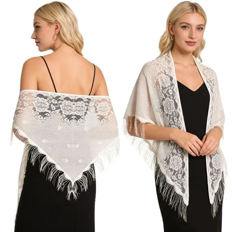Tassel Fringe Bridal Wrap Triangle Floral Lace Sheer Shawl Scarf for Holiday Party Christmas Event Cover Up