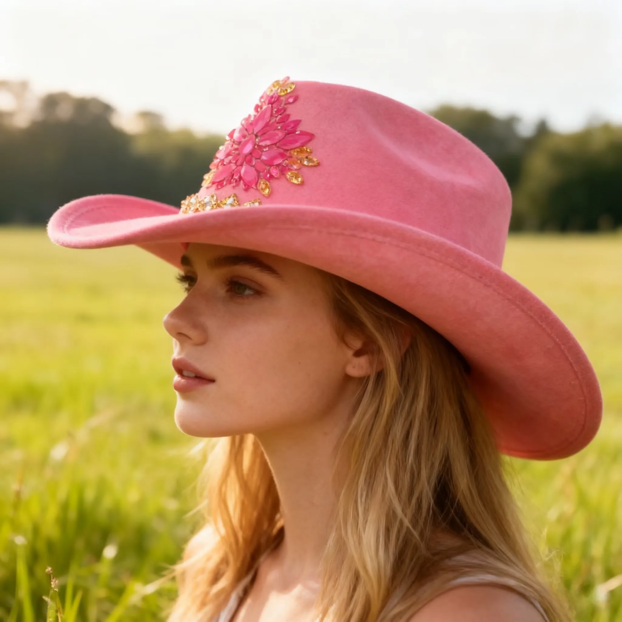 HongLuan Pink Felt Glitter Costume Hat Adult, Cowboy Hats Rhinestone for Woman, Cowboy Cosplay Female Accessories & Cowgirl Cap