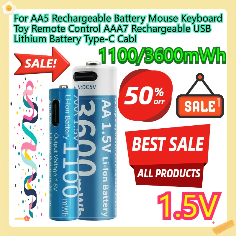 

For AA5 Rechargeable Battery Mouse Keyboard Toy Remote Control AAA7 Rechargeable USB Lithium Battery Type-C Cabl 1.5V