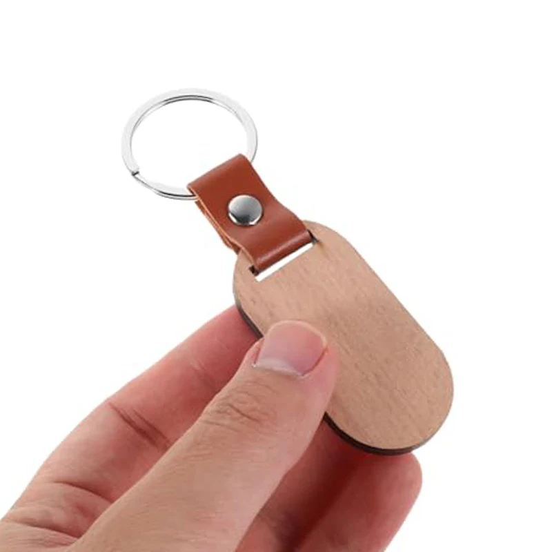 50 Pcs Unfinished Wood Key Fob Blanks with Leather Tab & Metal Key Ring, Round Oval Rectangle Shapes