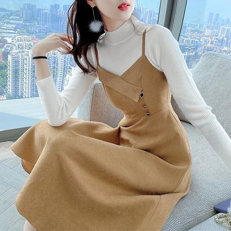 Conjuntos de Vestido de punto para mujer, ropa informal lisa que combina con todo, Cuello medio alto, Simple y acogedor, elegante, con tirantes finos, Ulzzang