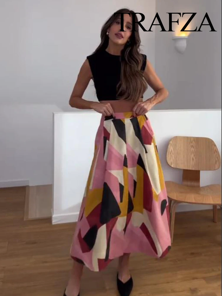 TRAFZA Women Summer New Fashion Versatile Zipper Printed Midi Skirt Female Elegant High-Waist Slim A-line Casual 3-Color Skirts