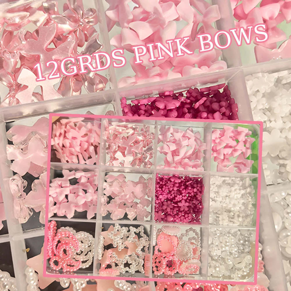 

1Box Sakura Pink Bows Nail Art Decoration Acrylic Mix Pearls Hollow Moon Heart Flower Nail Charms y2k Cute Bowknot Nail Parts