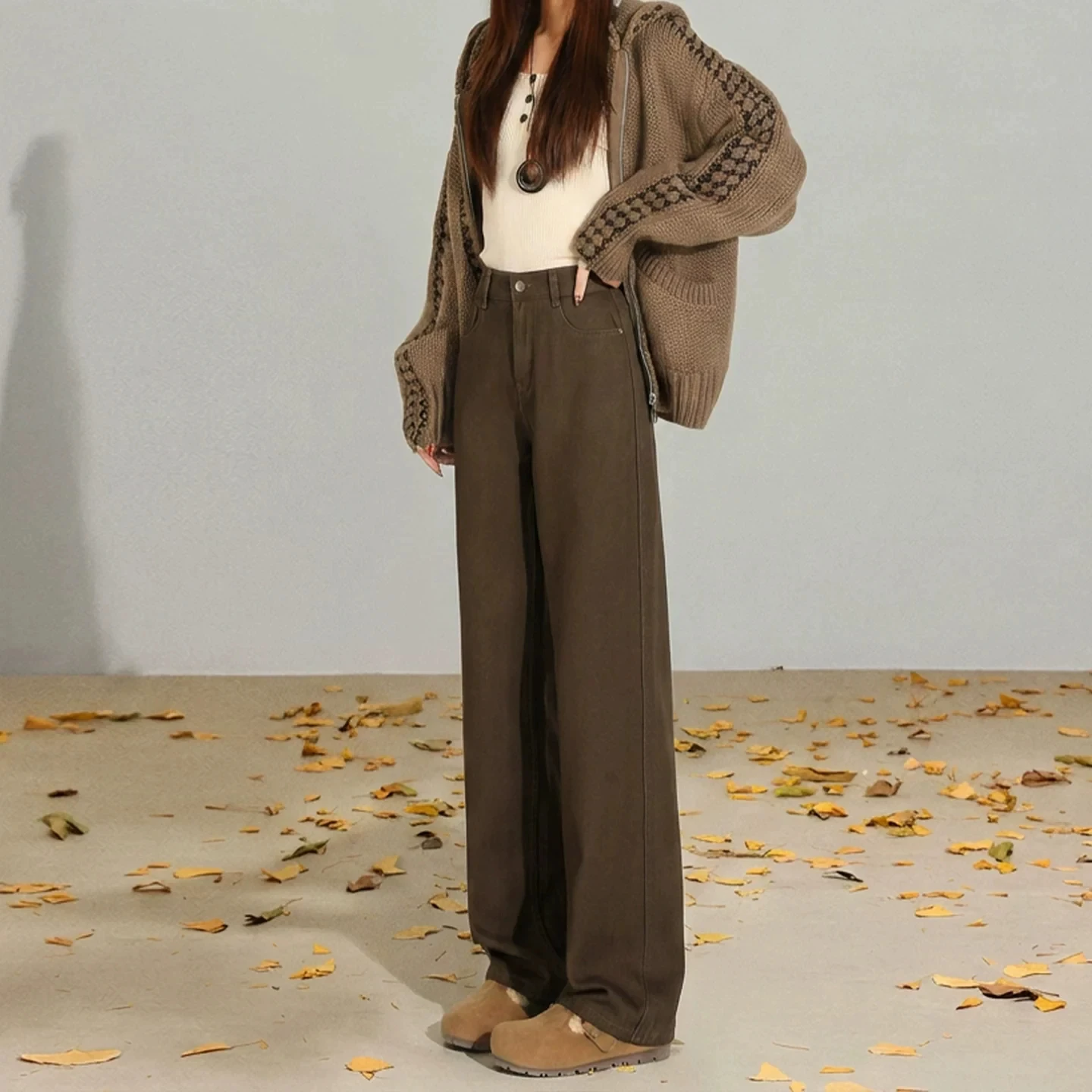 Fashionable Casual Brown Denim Straight Leg Jeans Women's Autumn New Small Size Mermaid Wide Leg Pants High Waist Zipper Cott...