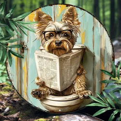 Yorkshire Terrier Reading Newspaper Round Aluminum Sign - Waterproof Metal Art Decor for Indoor and Outdoor Use, UV Resistant