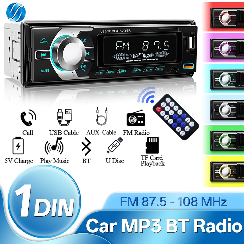 Hippcron Auto-MP3-Player, Bluetooth, unterstützt FM-AUX-Eingang, Freisprechen, Dual-USB-Autoradio, 12 V, bunte Lichter, universell