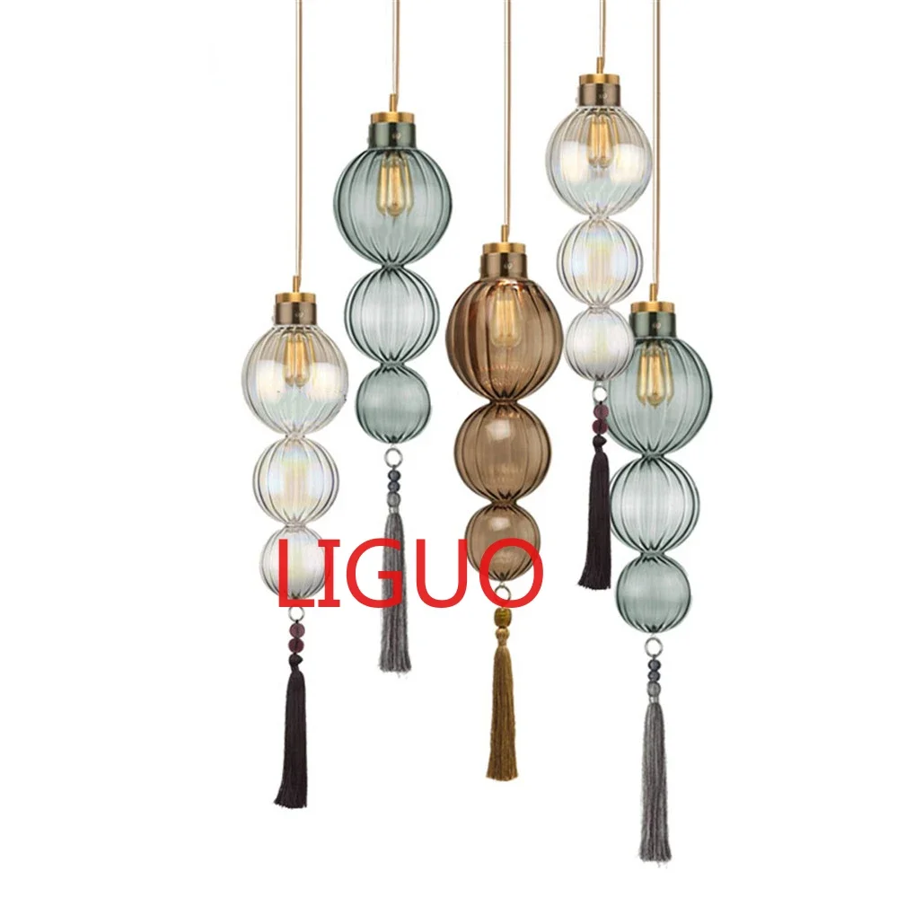 

Chinese Style Stained Glass Gourd Tassel Pendant Lights Loft Living Room Kitchen Bedside Lamp Art Deco Indoor Lighting Fixture