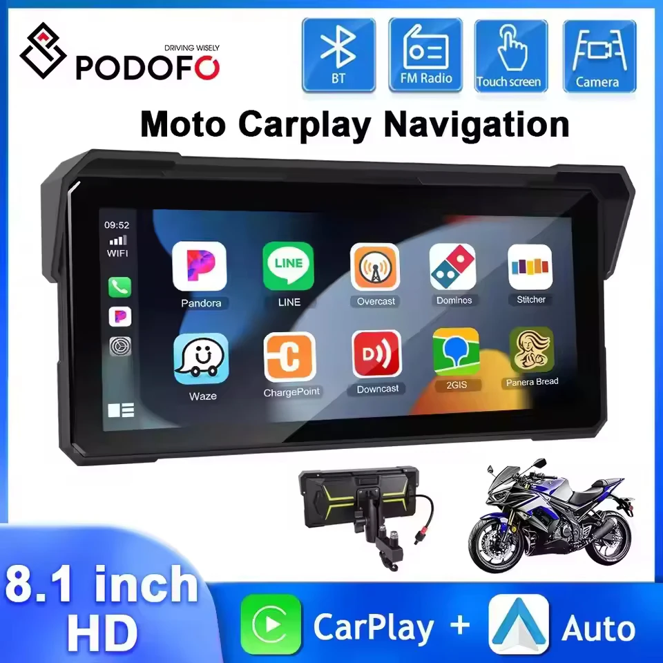 

Podofo 8.1'' HD Touch Screen Motorcycle Navigation GPS Carplay Android Auto Airplay Android Cast EQ Bluetooth IP68 Waterproof
