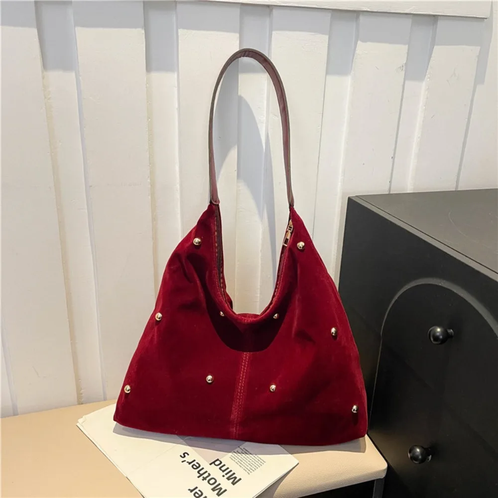 

Simple Large Capacity Shoulder Bag Faux Suede Solid Color Ladies Handbags Rivet Underarm Tote Bag Female