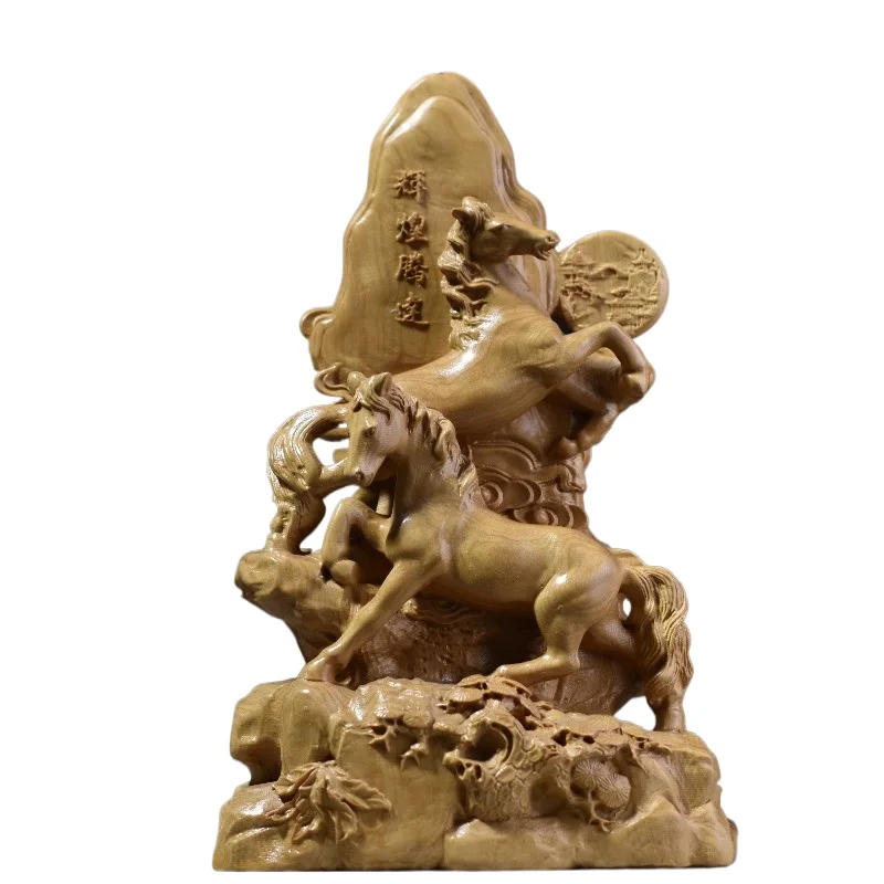 Hand-Carved Wood Double Horse Statue - 7.1