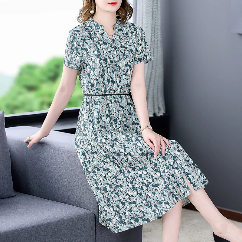 

Summer Print Natural Silk V-Neck Midi Dress Women Elegant Bodycon Office Lady Dresses 2024 Korean Vintage Casual Party Vestidos