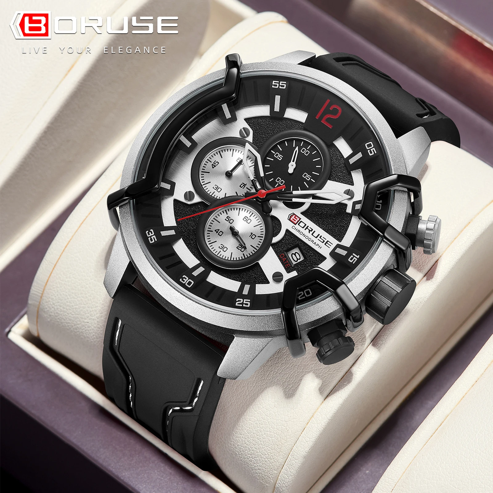 BORUSE Men Watch Top Brand Luxury Waterproof Quartz Watches For Men Sport Chronograph Wristwatch Men Clock Relogio Masculino