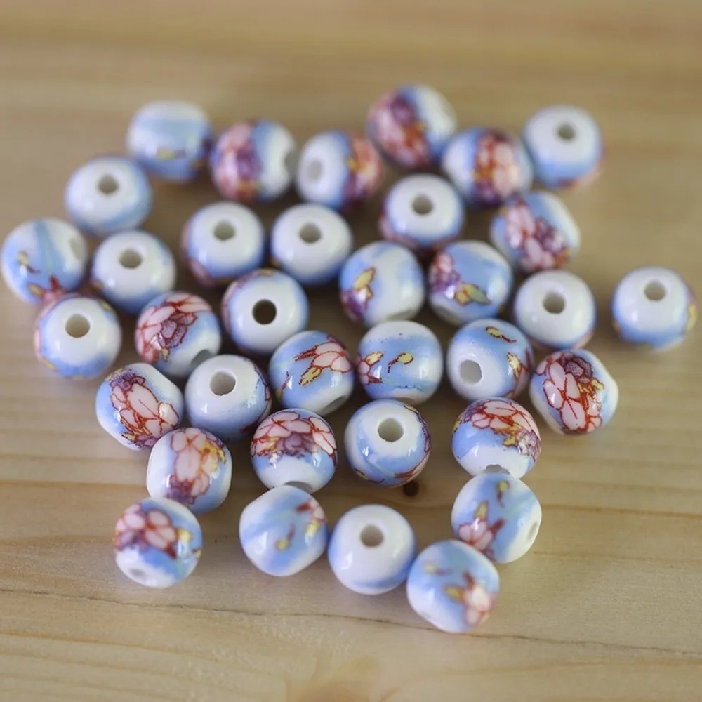 30pcs/set Creative DIY Ceramic Beads Flowers Printed Round Loose Beads Loose Form Ancient Style Chinese Style Beads