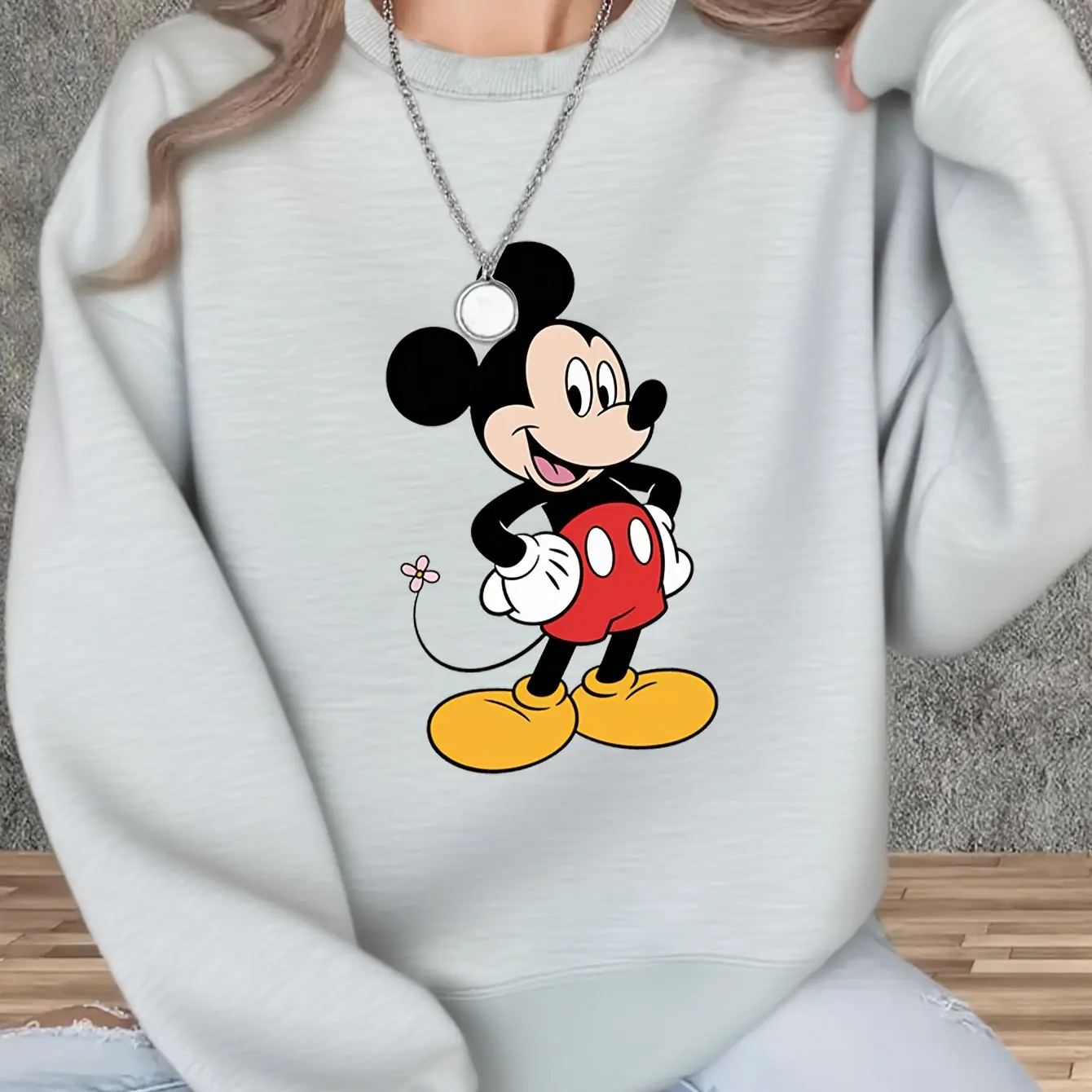 

Джемпер с Микки Маусом Disney, модный негабаритный свитер унисекс с круглым вырезом, осенне-зимний флисовый повседневный универсальный уличный костюм