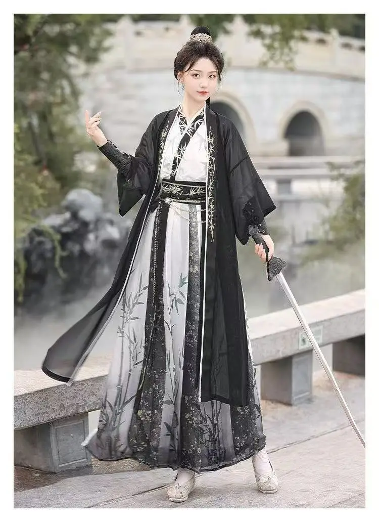 고대 무술 Hanfu 남자 여자 전통 대나무 인쇄 크로스 칼라 의상 빈티지 할로윈 코스프레 무대 쇼 정장