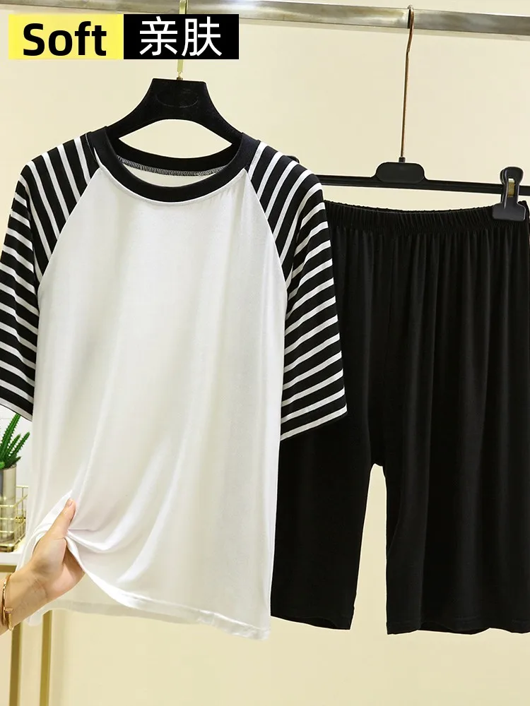 

Круглый комплект из модала Ne Spwear, женский летний тонкий ort Sve, полосатый топ с овальными плечами, повседневная домашняя одежда больших размеров