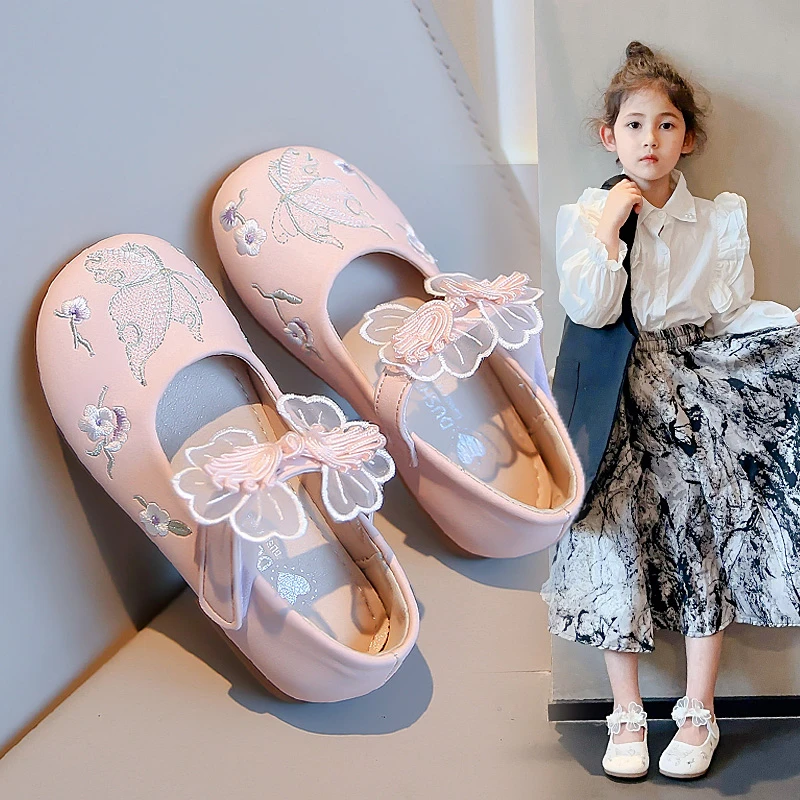 Children\'s Small Leather Shoes New Pink Embroidered Flowers Little Girl Single Shoes Light Green Flat Shallow Mouth Kids Sandals