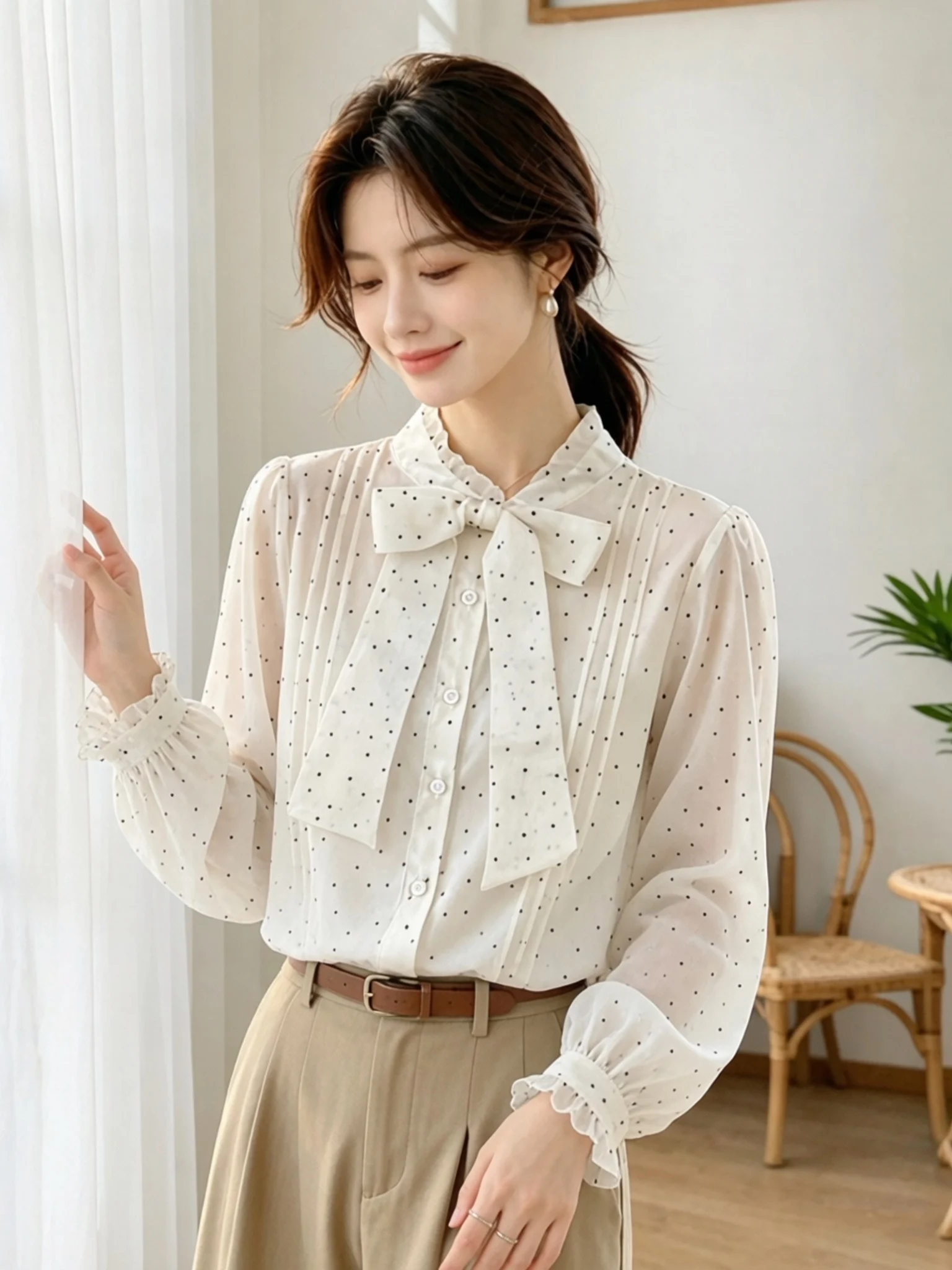 Elegant Polka Dot Long Sleeve Shirt Women's  Knot Belt French Style Loose Fit Polyester Fiber Autumn New Arrival