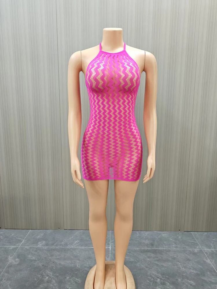 Damen Neckholder-Netzkleid, Wellenförmig Ausgeschnitten, Ärmellos, Figurbetont, Kurzes Kleid, Durchsichtiges Netzgewebe, Nachtclub-Partykleidung – Detail 9