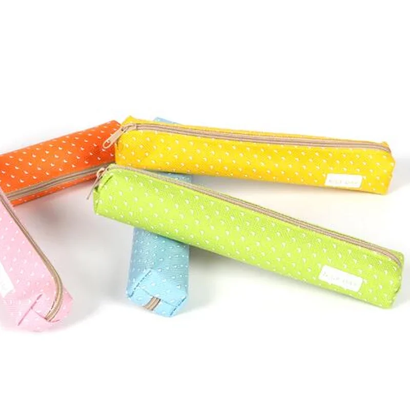 Strip Shape Candy Color Pencil Case Bag Dots Canvas Pens Storage Bag Stationery Pouch for Kids Girls Portable Lipstick Bag