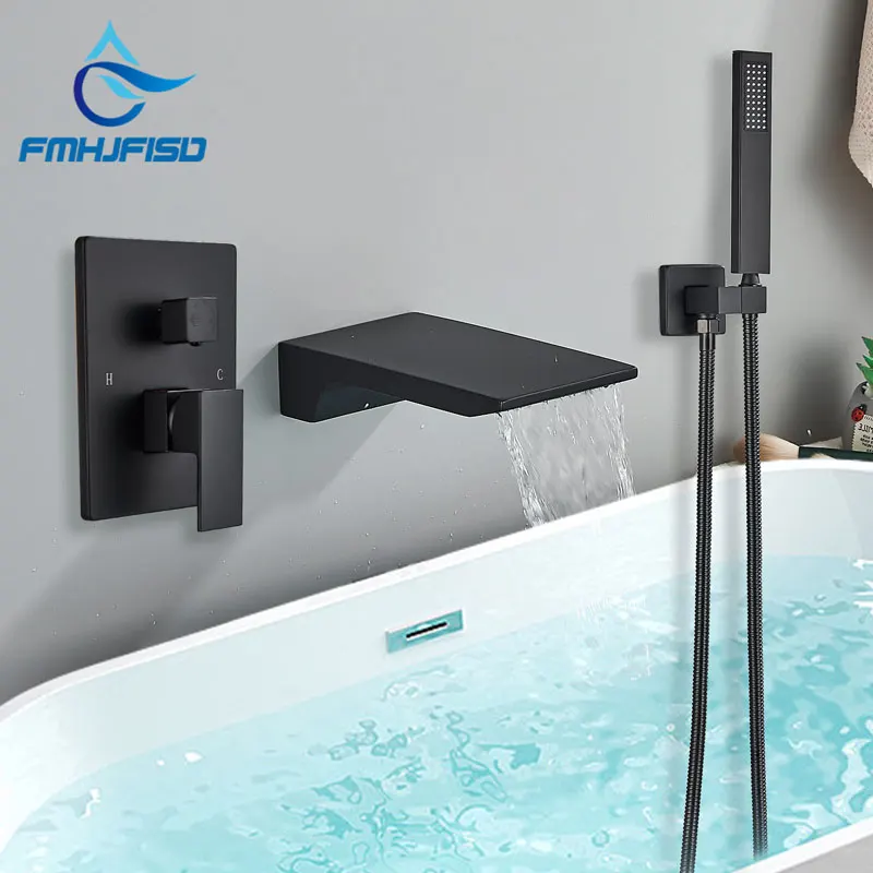 Grifo de bañera de baño negro, grifo de ducha de baño cromado, grifo de bañera de montaje en pared, mezclador, grifo de cascada, grúa de bañera oculta